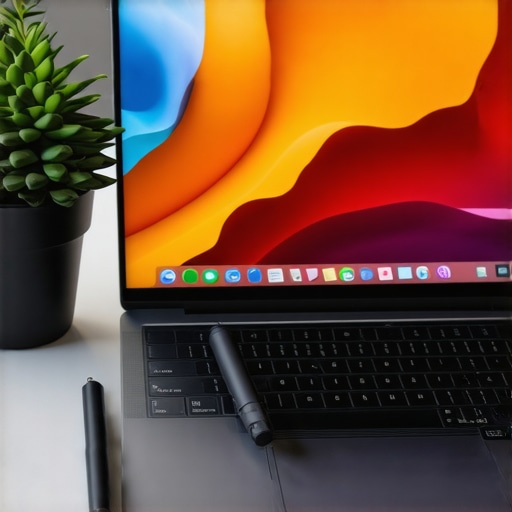 High-Res Creative Laptop with Stylus Support in a Workspace Creative professional using a high-res display laptop with stylus on desk