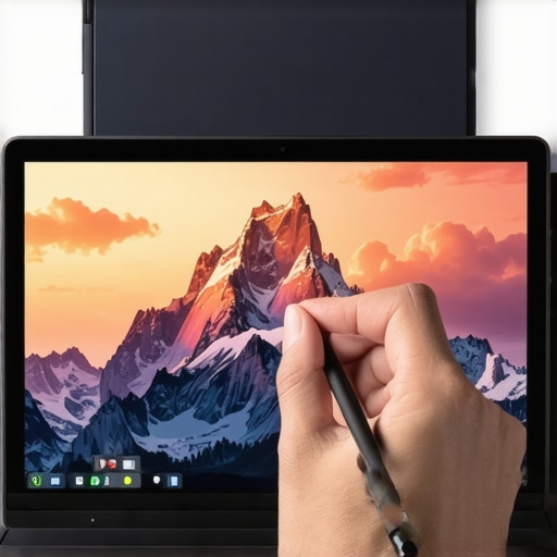 Close-up of a stylus drawing on a high-resolution display of a creative laptop.