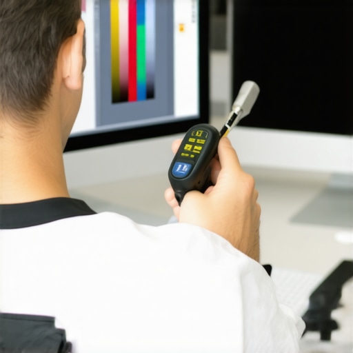 Artist calibrating their display for optimal color accuracy Digital artist calibrating high-resolution monitor with colorimeter in workspace