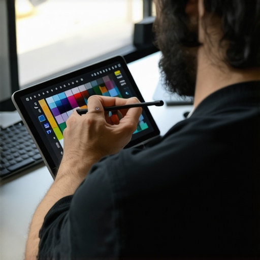 Digital artist drawing on a high-resolution tablet with stylus in a bright workspace