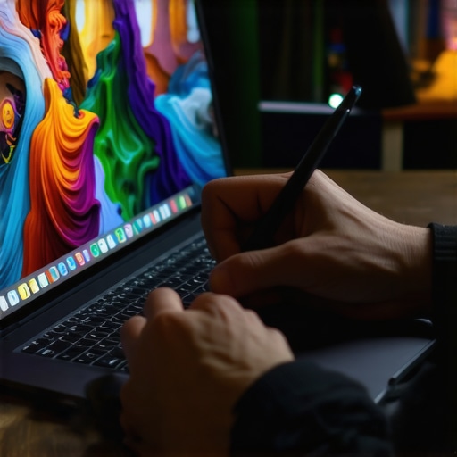 Creative Laptop Setup with Stylus in 2024 High-res display laptop with stylus and vibrant colors, artist working in studio
