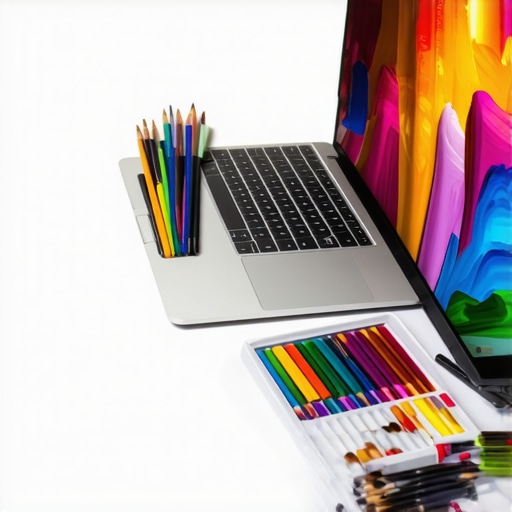 Creative Laptop with Stylus and High-Res Screen A sleek laptop with stylus, artist tools, and a vibrant high-resolution display on a desk