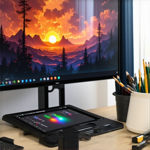 Creative Workspace with High-Res Monitor and Stylus Artist's workspace with high-resolution display, stylus, and digital art tools