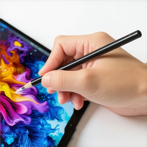 Digital Artist Working with Stylus on High-Res Screen A hand using a stylus on a high-resolution display showing digital artwork
