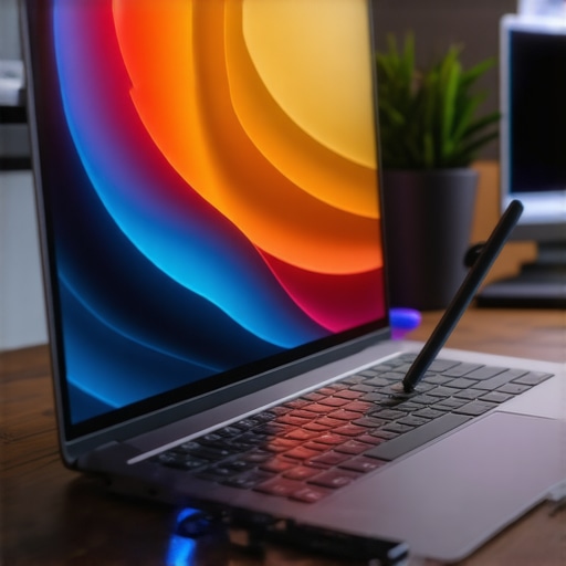 High-Res Creative Laptop with Stylus A professional creative setup featuring a high-res laptop with stylus, vibrant display, and digital artwork in progress