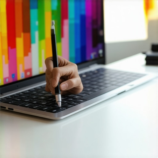 High-Res Laptop Display with Stylus A creative artist's workspace showing a high-res laptop with stylus for digital art