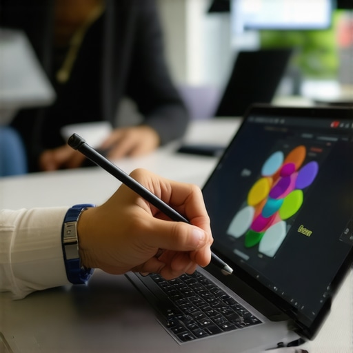 Artist testing stylus responsiveness on a high-resolution touchscreen laptop.
