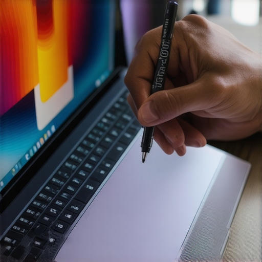 A designer's workspace featuring a high-res tablet, stylus, and color calibration tools