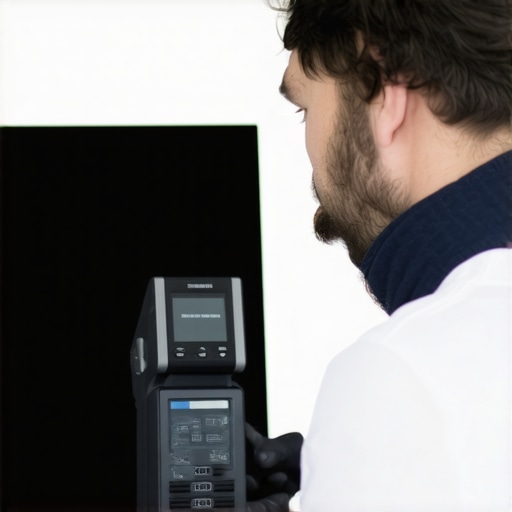 A designer calibrating their high-resolution display using a professional colorimeter to ensure color accuracy.