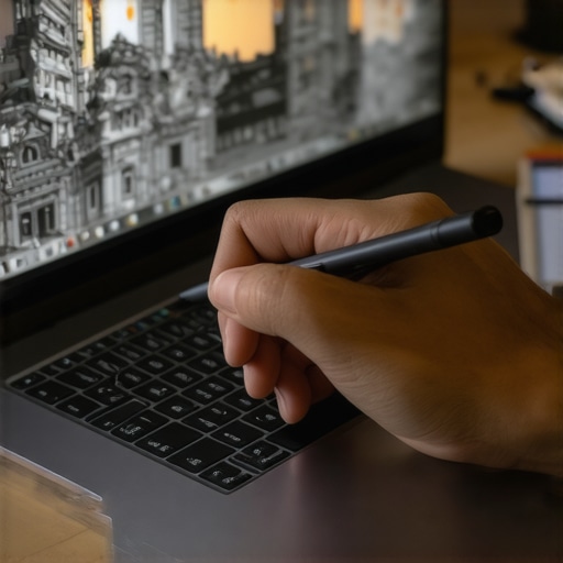 High-Resolution Touchscreen Laptop with Stylus A digital artist using a stylus on a 4K display for detailed illustration work