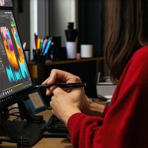 A professional artist calibrating a high-res 12K display with stylus for digital illustration