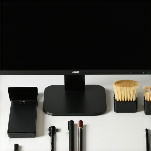 Optimized Creative Workspace with Maintenance Tools A clean, professional workspace featuring a high-resolution monitor, stylus, and cleaning supplies, emphasizing device maintenance.