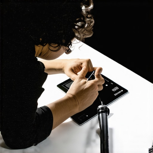 A person using calibration tools on a digital drawing tablet in a well-lit studio.