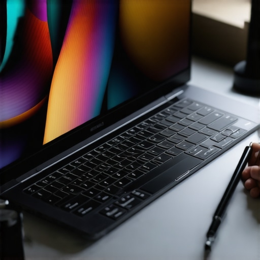 Calibrating High-Res Display with Stylus Support Person calibrating a 12K high-resolution display with stylus on a professional creative laptop