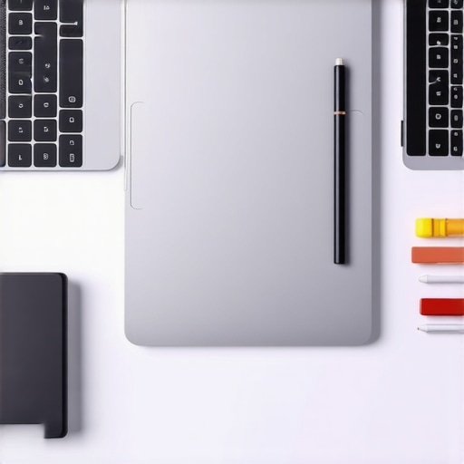 A professional artist's desk featuring a high-res display laptop, stylus, and calibration equipment.