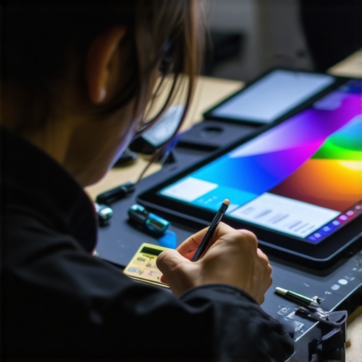 Artist calibrating stylus on a high-res digital drawing screen to ensure color accuracy and responsiveness.