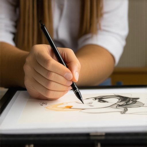 Artist calibrating stylus on a high-res display to ensure smooth lines and pressure sensitivity.