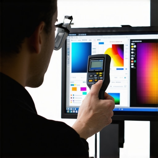 An artist calibrating a high-resolution monitor using a colorimeter tool to ensure color accuracy and stylus responsiveness.